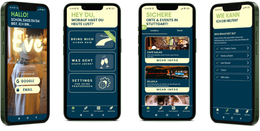 vier Smartphones die jeweils einen Teil der Eve App zeigen
